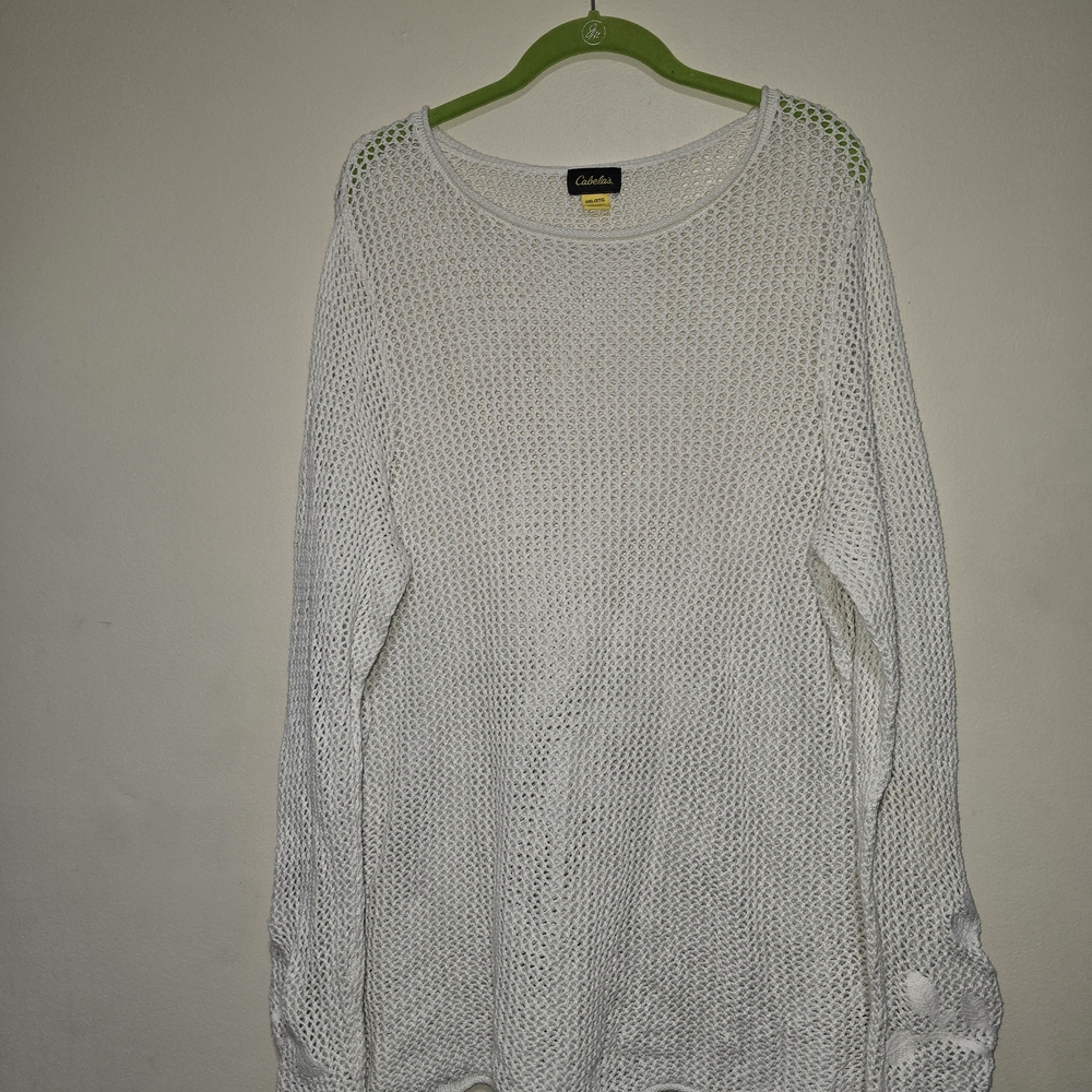 Cabela's White Knit Womans Sweater with Floral Sleeve Detail, 100% Cotton